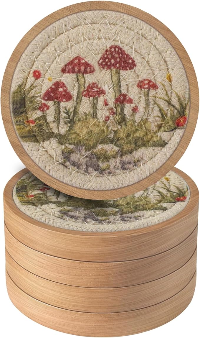 Wood Coasters for Drinks, Eykao Absorbent Coaster Sets of 5, Woven Drink Coasters for Coffee Table, Housewarming Gift for Farmhouse Home Decor,4 inches - Red & Green