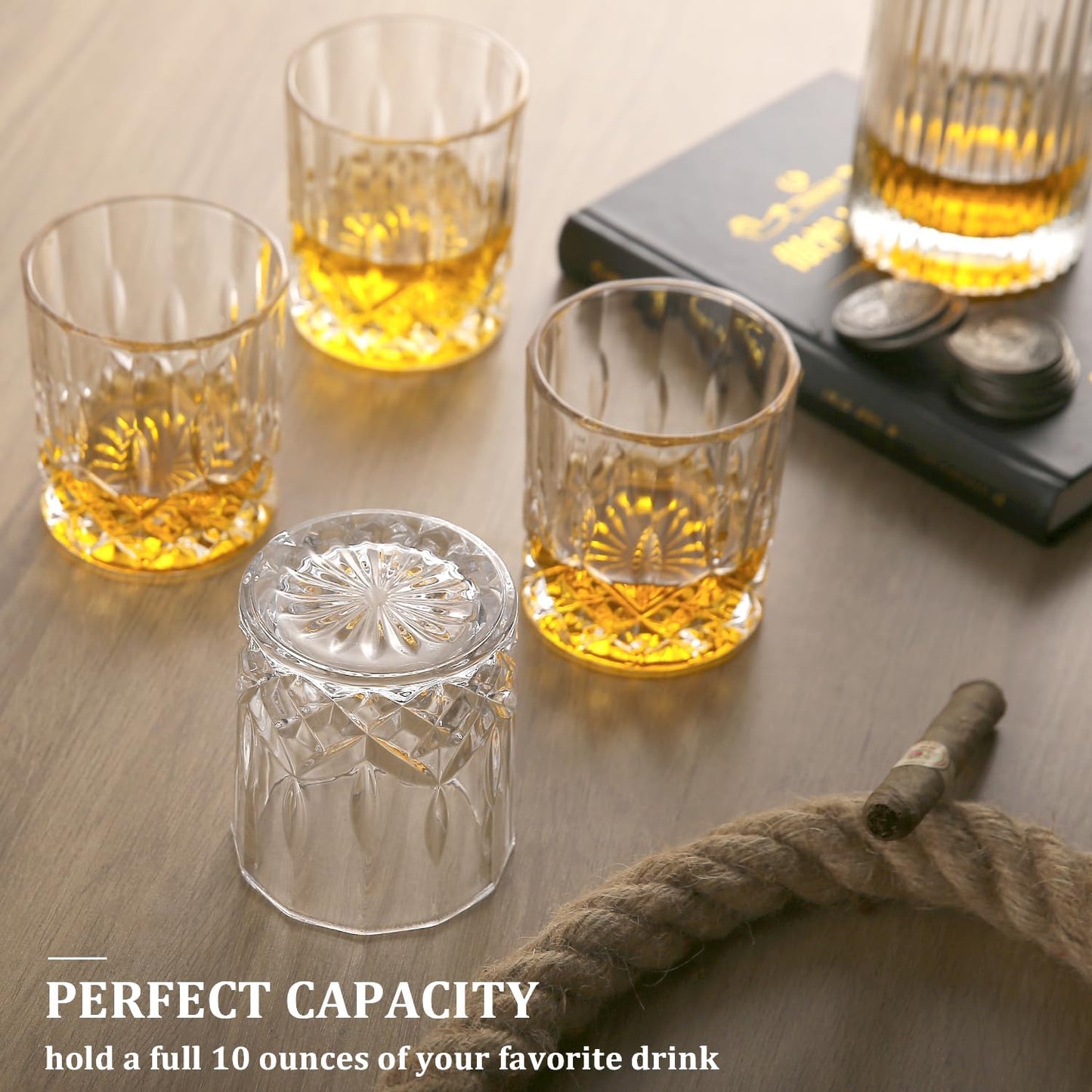 Whiskey Glasses Set of 4, Lead-Free Crystal Rocks glass, 10 Oz Old-Fashioned, Rum & Scotch Glasses, Frozen Crystal Chills Cocktails, Personalised Whisky Glass Gift Set for Men,Dad,Brother
