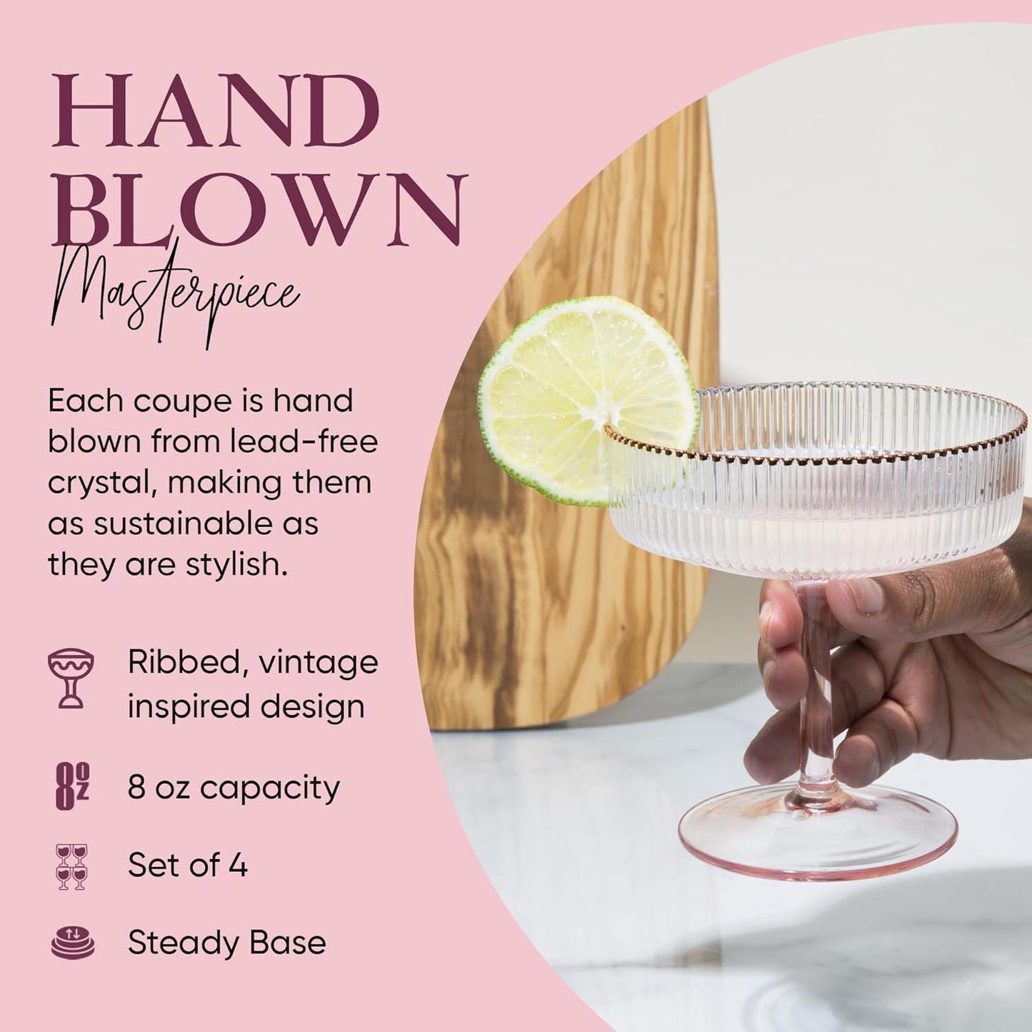 Pink Coupe Glasses Set of 4 Glasses with Rose Gold Rim (8 Oz) Art Deco Coupe Glasses, Ribbed Martini Cocktail Glasses Gift Box, Vintage Champagne Glasses, Espresso Martini Glasses