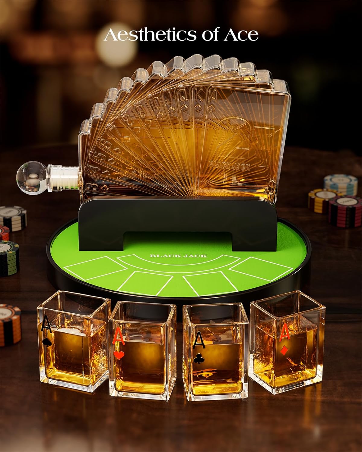 Kollea Blackjack Whiskey Decanter Set, 37.2 Oz Casino Style Decanter with 4 Glasses, Liquor Dispenser, Funny Birthday Gifts for Men Dad, Him, Boyfriend, Poker Game Night Essentials, Bar, Party Decor