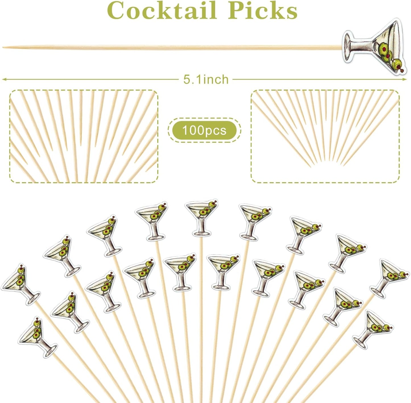 JarThenaAMCS 100Pcs Martini Cocktail Pick A Tini Bit Older Toothpick Martini Glasses Long Cocktail Appetizer Skewer for Fruit Drink Dessert Bachelorette Party Supplies