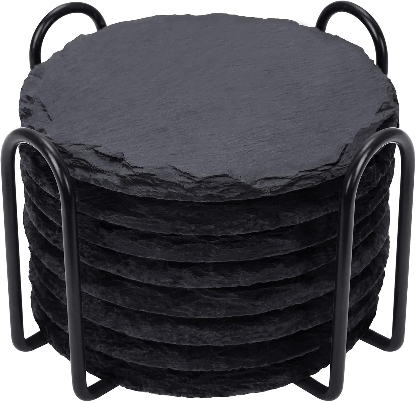 Slate Drink Coasters with Metal Holder, GOH DODD Set of 8 Black Coasters, 4 Inch Stone Coaster Set Tabletop Protection for Home Kitchen Apartment Bar Decor Housewarming Gifts Wedding Party, Round