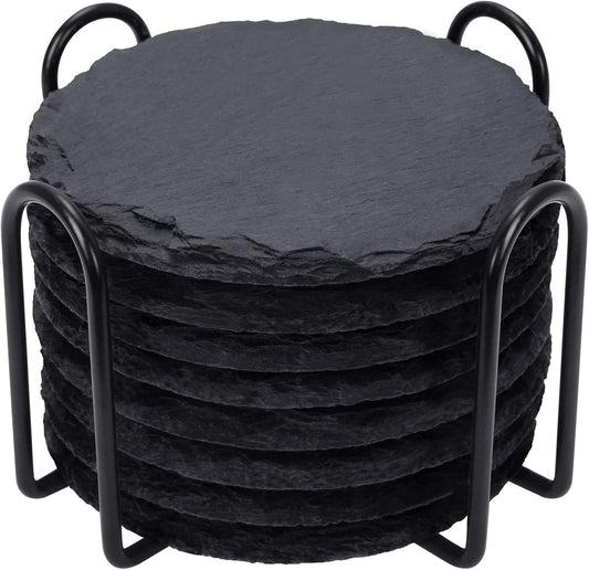Slate Drink Coasters with Metal Holder, GOH DODD Set of 8 Black Coasters, 4 Inch Stone Coaster Set Tabletop Protection for Home Kitchen Apartment Bar Decor Housewarming Gifts Wedding Party, Round