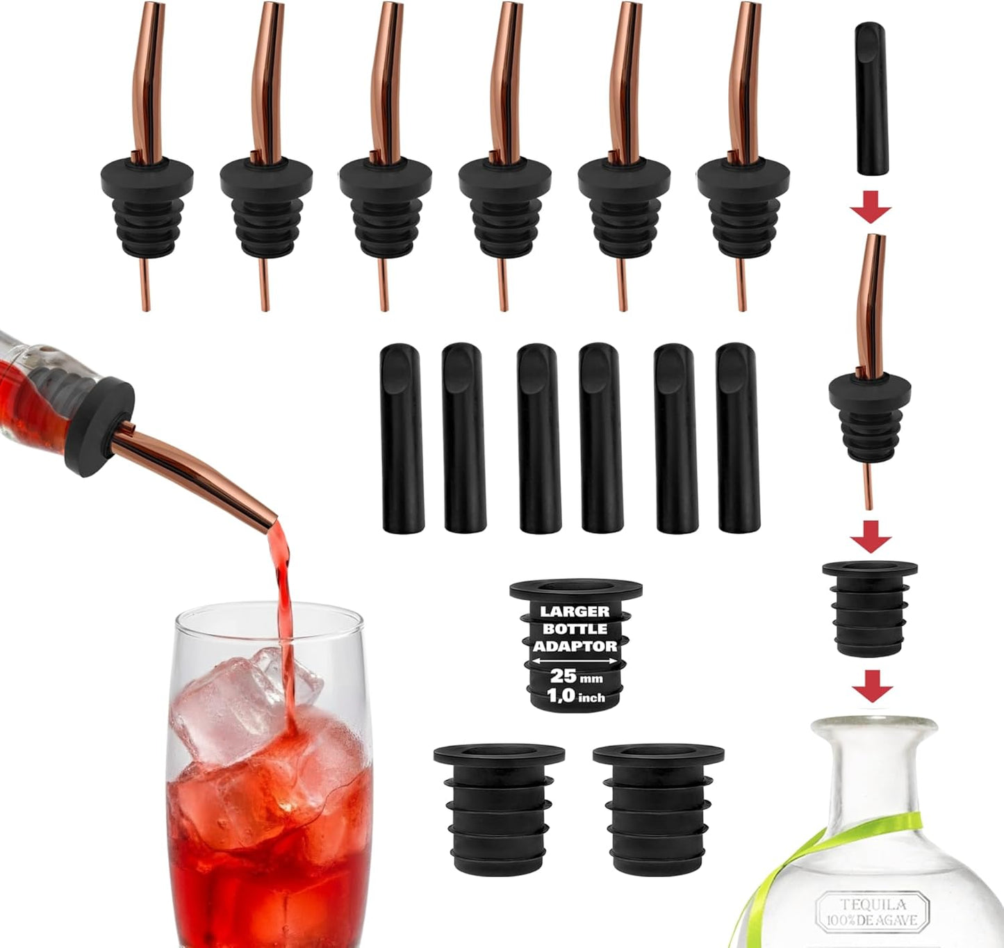 Stainless Steel Liquor Bar Bottle Pourers - Drip-Free Nozzle - Pour Spouts for Alcohol & Bartending - Universal Fit Speed Spout - Rust-Free & Easy Clean (Copper)
