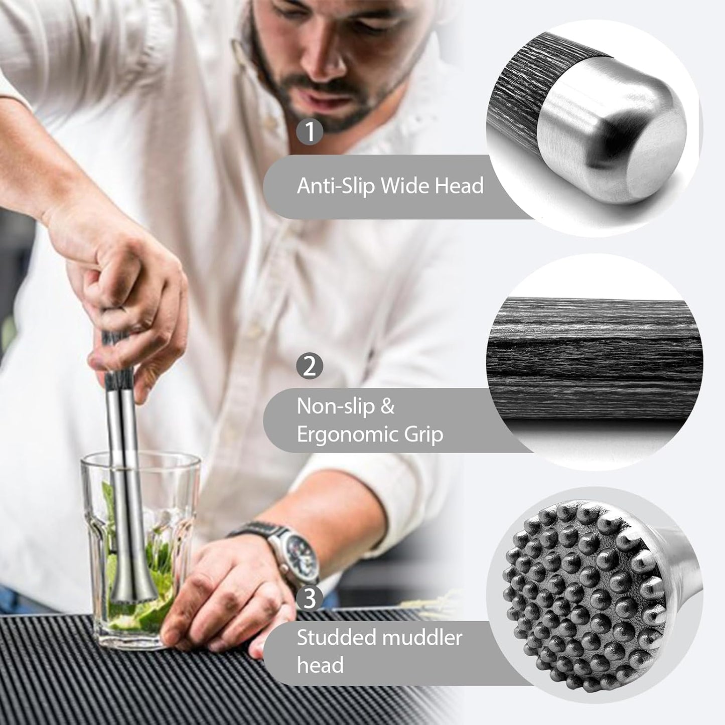 12.5" Muddler for Cocktails Stainless Steel Drink Muddler Bartender Accessories Lemon Smasher for Home Bar Tool Ice Crusher for Mojitos Fruit Drinks