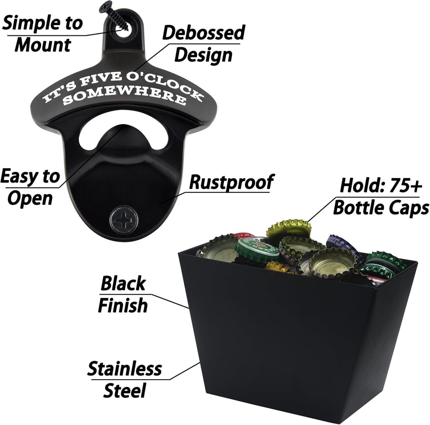 Black Wall Mounted Bottle Opener with Cap Catcher Stainless, IT'S FIVE O'CLOCK SOMEWHERE Screw in Wall Beer Cap Opener Bucket Gift