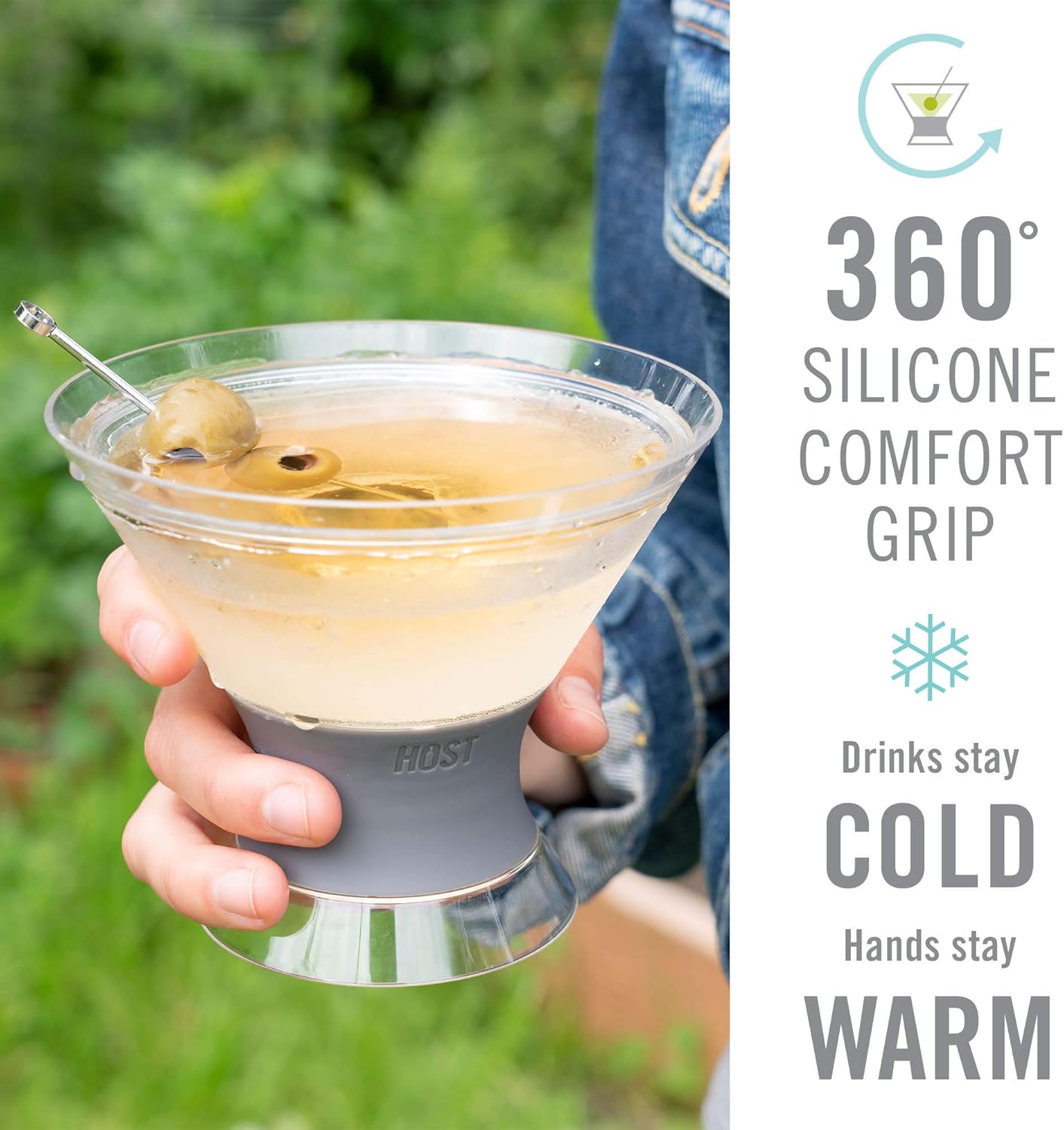 Host Freeze Insulated Martini Cooling Cups for Espresso Martinis, Gifts for Mom, Housewarming Gifts for Women, Plastic Freezer Gel Chiller Double Wall Stemless Cocktail Glasses, Set of 2, 9 oz, Gray