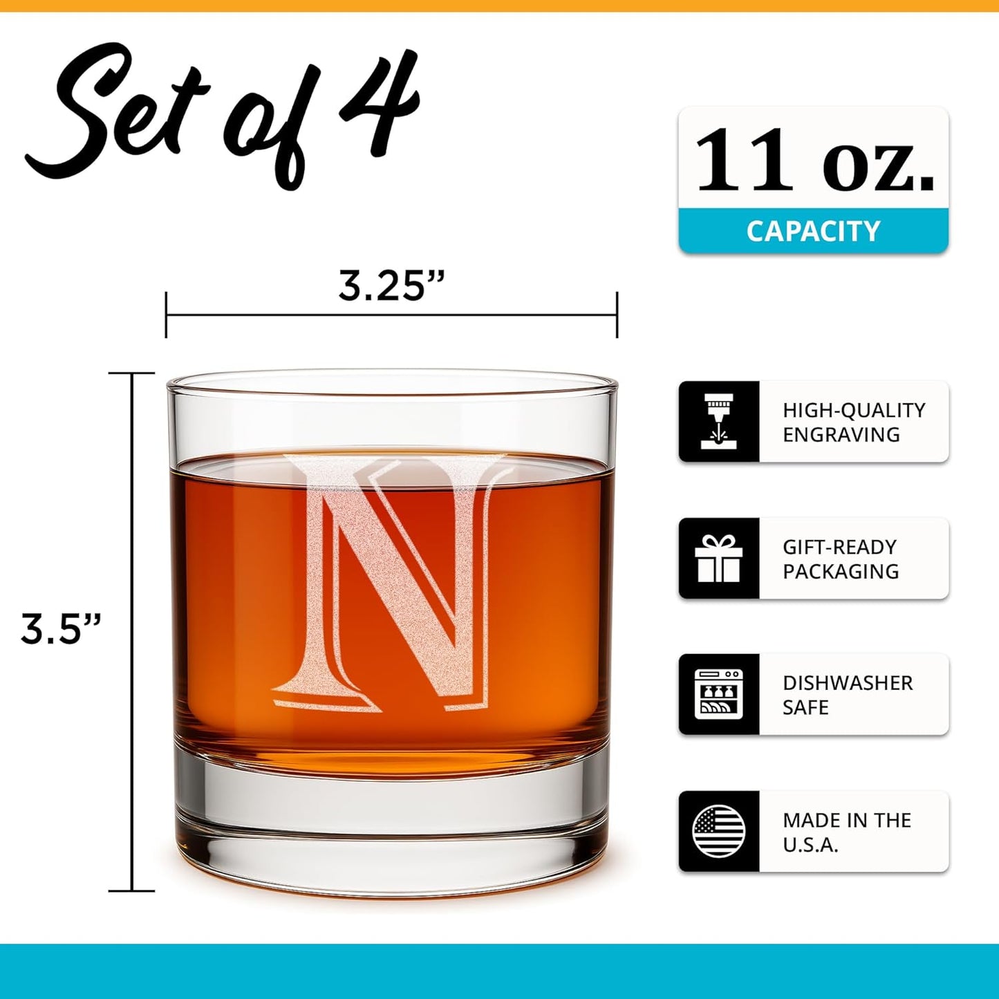 Monogrammed Gifts for Men - 4PC 11 Oz Custom Whiskey Glasses (N-Monogram) - Engraved Whiskey Glasses - Personalized Whiskey Glasses - Unique Bourbon Glasses - Personalized Glass Gifts for Dad