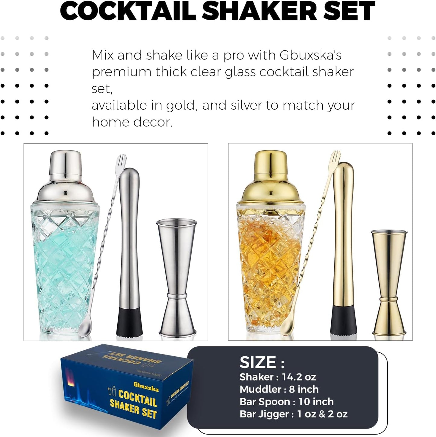 Gold Cocktail Shaker Set - Premium Glass Bartender Kit with Measuring Jigger, Mixing Spoon, and Muddler