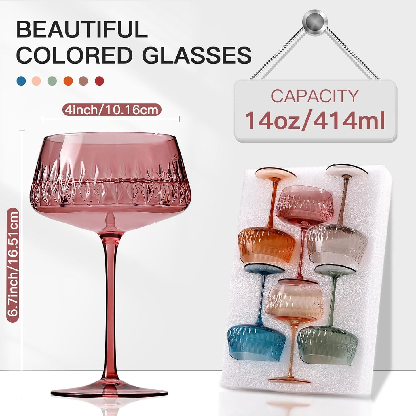 JOVGANK Colored Martini Glasses Set of 6, Hand Blown Colorful Cocktail Glass 14Oz, Large Vintage Champagne Coupe Glasses,Crystal Retro Style Bar and New Year Drinking Glasses, Mother's Day Gift
