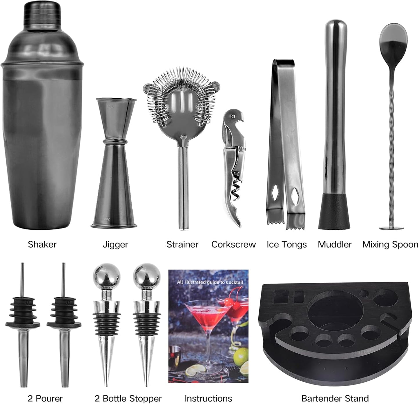 Safring Bartender Kit with Stand, 12-Piece Bar Set | 24oz Cocktail Shaker Set for Drink Mixing, Martini Shaker Set with Bar Tools, Recipes Booklet | Fun Housewarming Gift (Black)