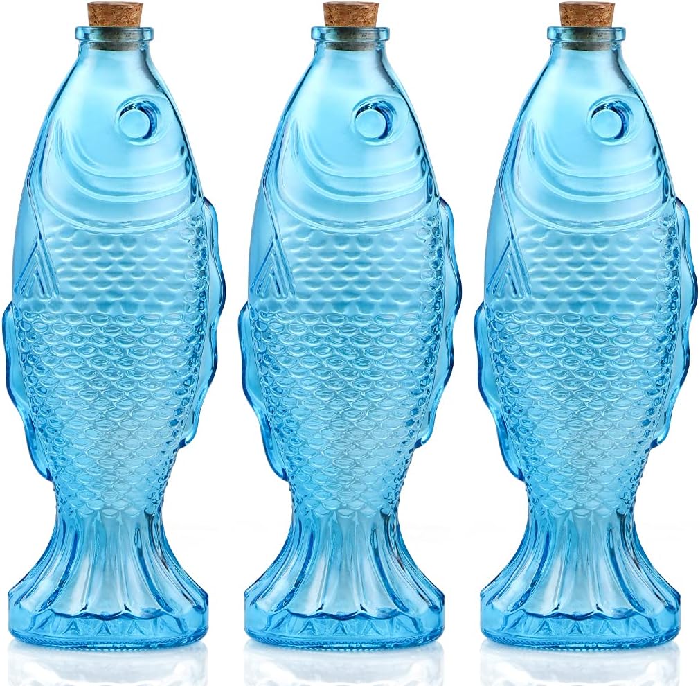 MDLUU 3-Pack Fish Shaped Glass Bottles, Decorative Bottles with Cork Stopper, Fish Decanters for Gift, Bar, Home Decor, Capacity 500ml/17.5oz (Blue)