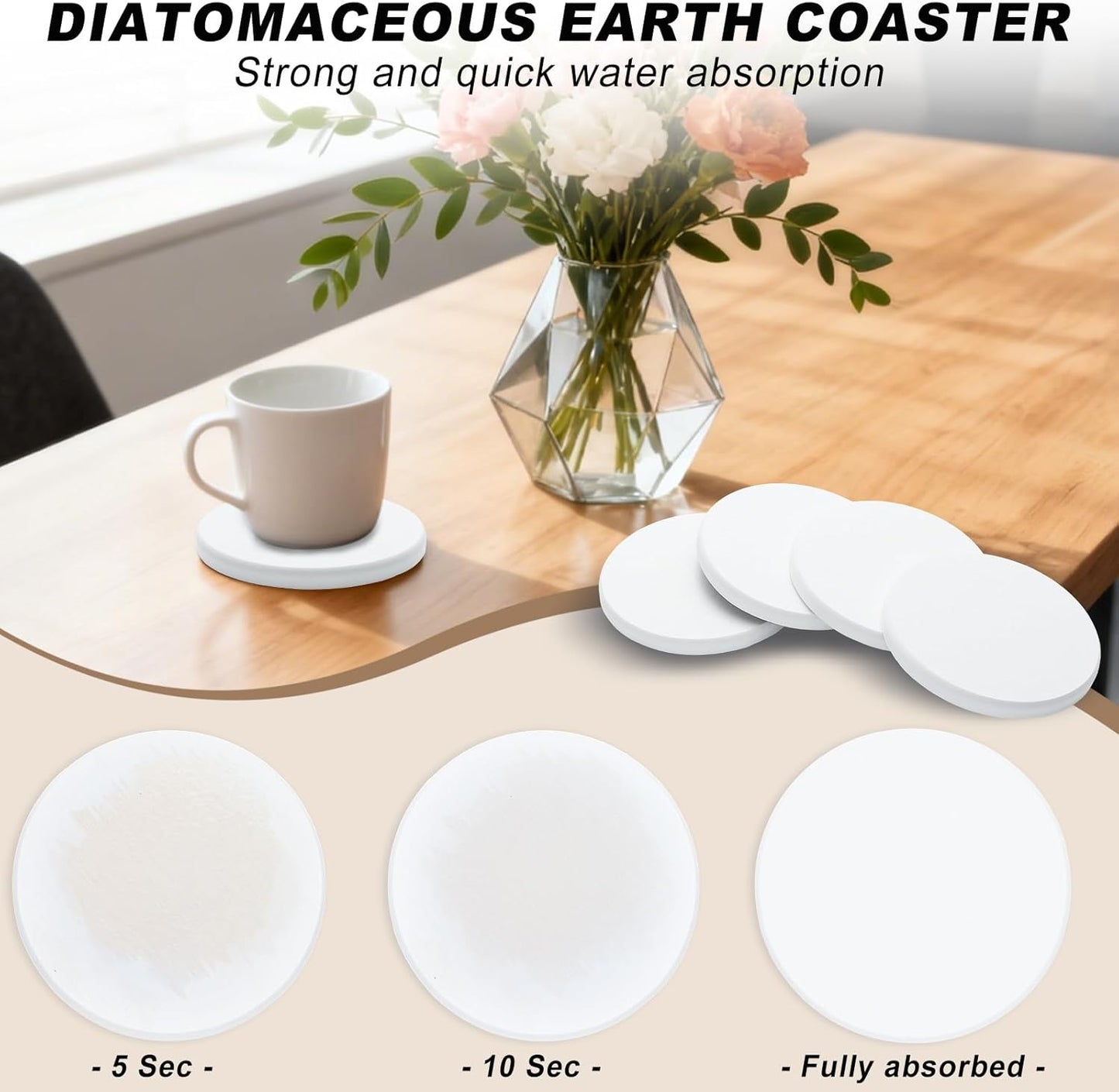 Azhou 6Pcs Absorbent Diatomaceous Earth Coasters Set with Holder - 4 Inch Quick-Dry Stone Coasters with Scratch-Resistant Surface & Velvet Base, Reusable Home Decor for Coffee Bar, Office Desk