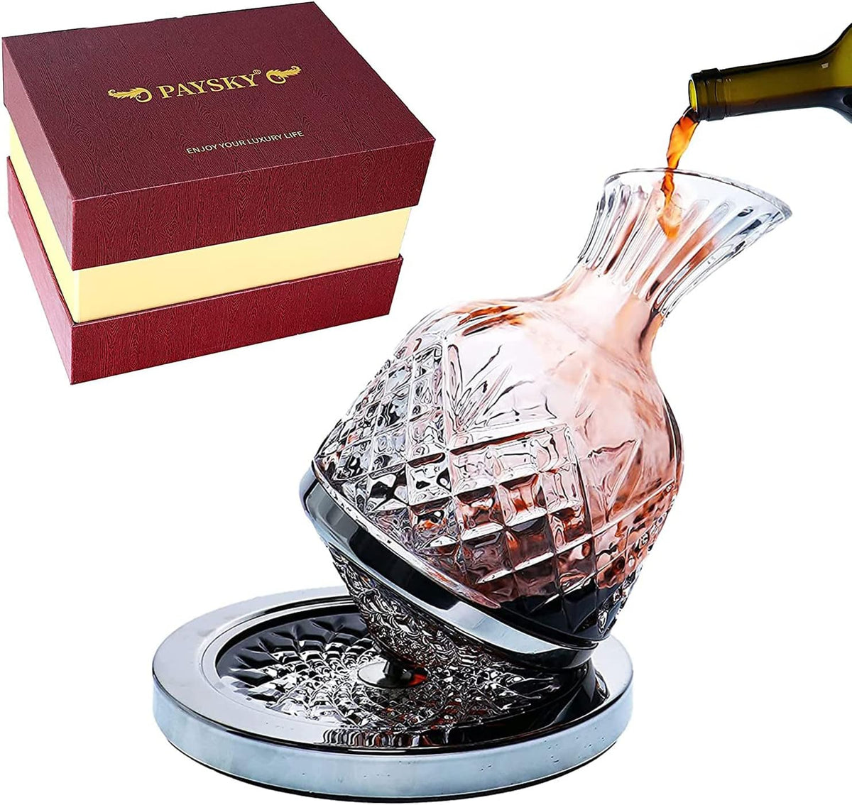 spinning wine decanter, 45 oz crystal rotating wine decanter with gift box, for wedding gift, birthday, banquet, supper - 45 Ounces