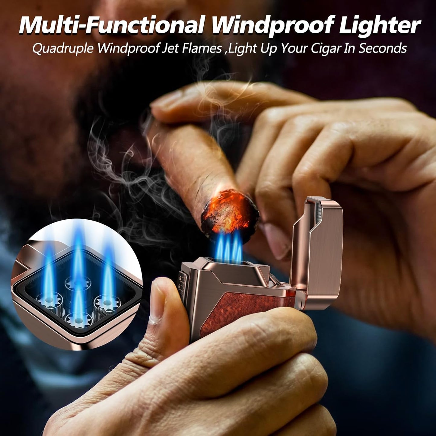 Cigar Lighter, Multifunctional Lighter with V-Cigar Cutter, Cigar Holder, Cigar Punch and Cigar Draw Enhancer, Fillable Butane Torch Lighter, Multi-Purpose Cigar Accessory, Cigar Gifts