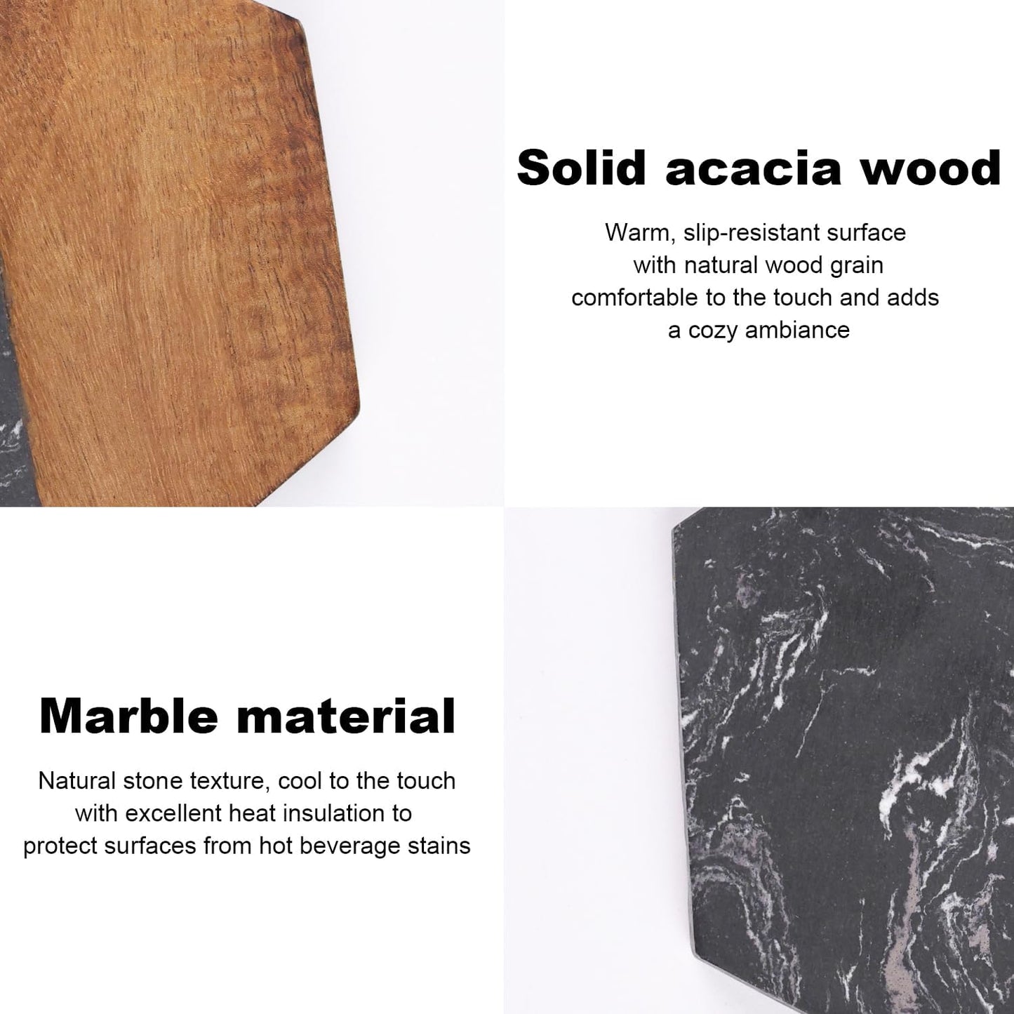 Marble Wood Coasters Set of 4, Fun & Cute Drink Coasters for Coffee Table, Coffee Bar Decor & Desk Accessories, Black