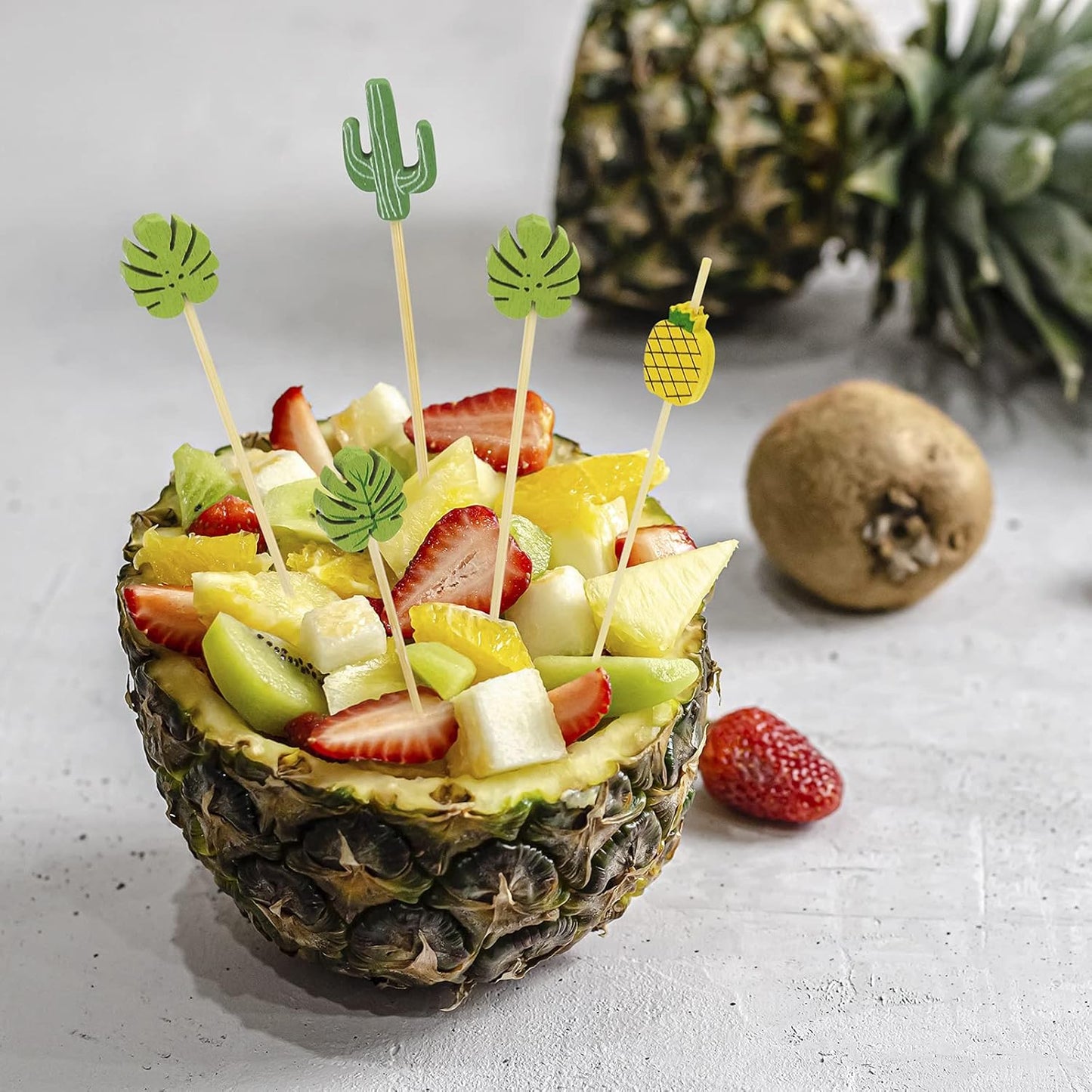 Minisland Green Monstera Leaf Cocktail Picks, 5 Inch Long Bamboo Fancy Toothpicks for Appetizers, Decorative Summer Tropical Hawaiian Party Food Drinks Garnish Fruit Skewer Sticks 100 Counts -MSL174