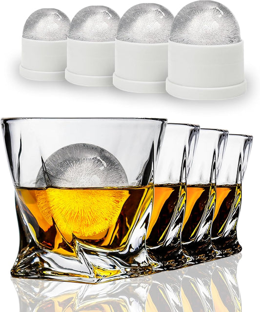 Whiskey Glasses Set of 4 with Ice Ball Molds, 11 OZ Old Fashioned Glasses, Twisted Style Bourbon Glasses Premium Barware for Whiskey, Scotch, Cognac - Gifts for Men