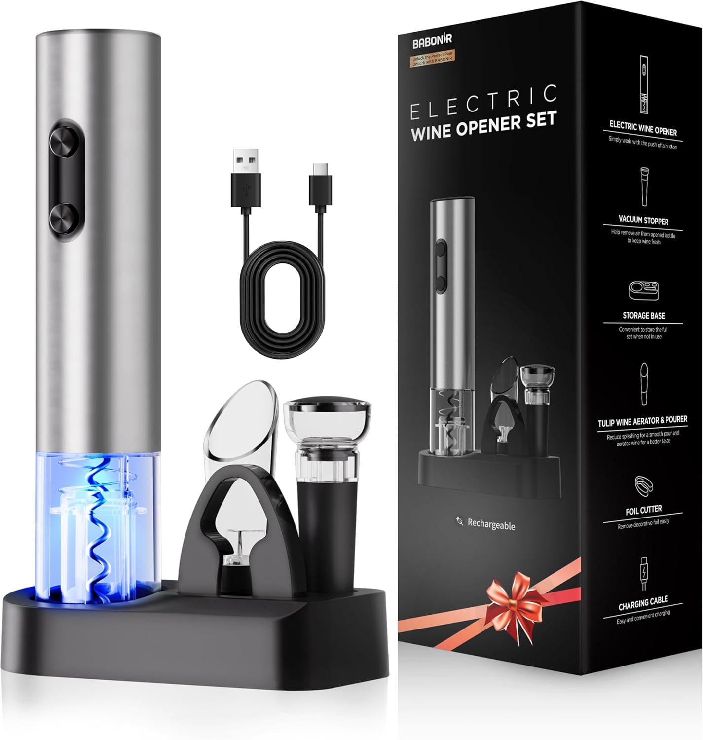 6-in-1 Electric Wine Opener Gift Set, BABONIR Stainless Steel USB-C Rechargeable Automatic Wine Bottle Opener, Foil Cutter, Vacuum Stopper, Wine Aerator Pourer, Bottle Opener Wine Gifts for Women