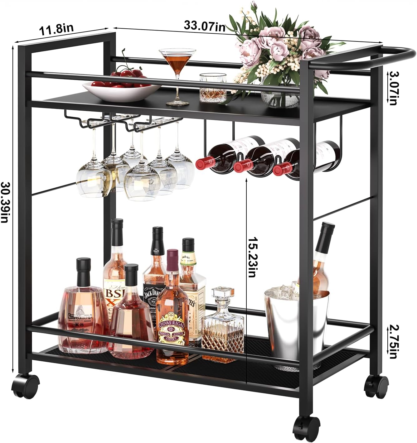 Joaxswe Bar Cart,Home Bar Serving Cart with Storage Shelves, 2 Tier Rolling Beverage Cart with Wheels, Modern Wine Cart with Wine Rack and Glass Holder for Kitchen, Living Room,Dinning Room,Black
