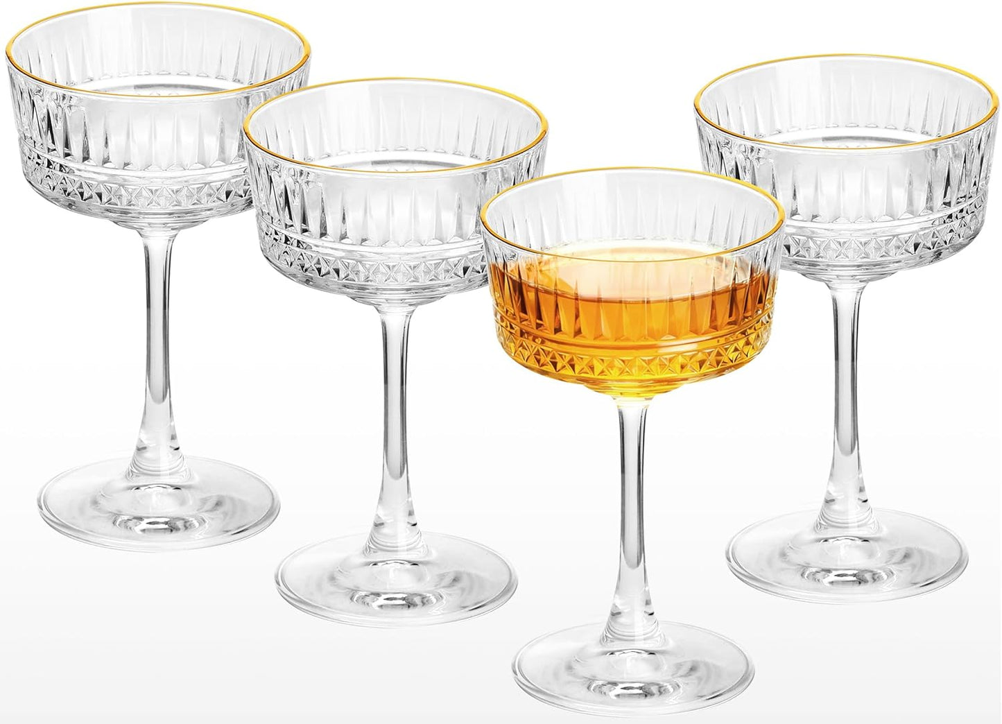 VIMERPA Coupe Glasses, Gold Rim Martini Coupe Glasses Set of 4, 8 oz Classic Cocktail Glassware - Champagne, Manhattan, Cosmopolitan Crystal Goble，Vintage Art Deco Luxury