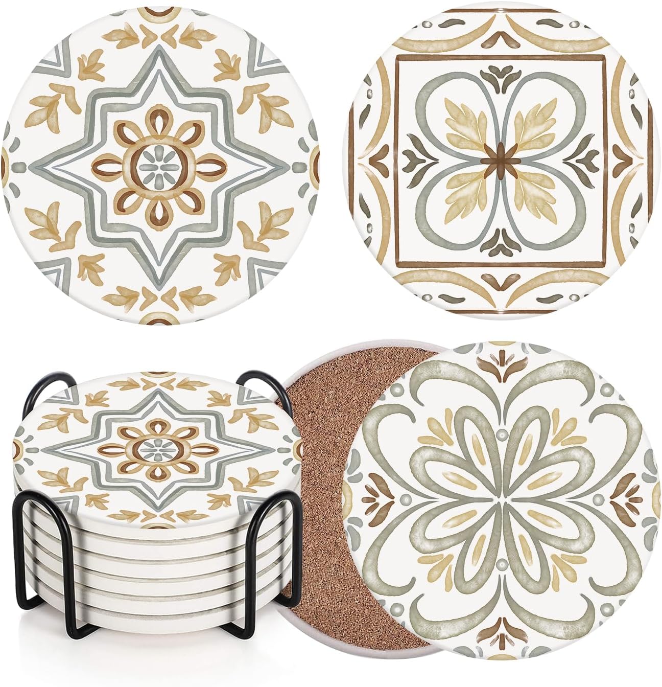 Coaster for Drinks Set of 6, Ceramic Gray Moroccan Talavera Absorbent Round Ceramic Stone Mat, with Cork Base and Metal Holder, Gift for Housewarming Room Bar Decor