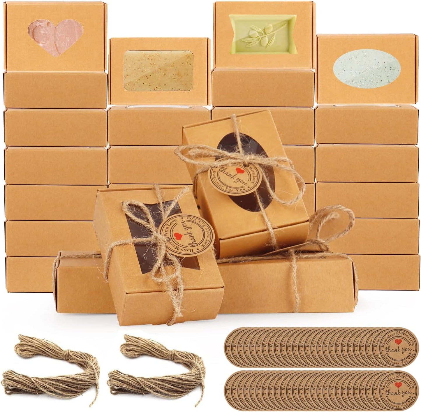 RYKOMO 60 PCS Kraft Soap Boxes with Window - Mini Soap Gift Boxes for Homemade Bakery, Candy, Cookies Packaging - 3.55 x 2.4 x 1.2 Inch