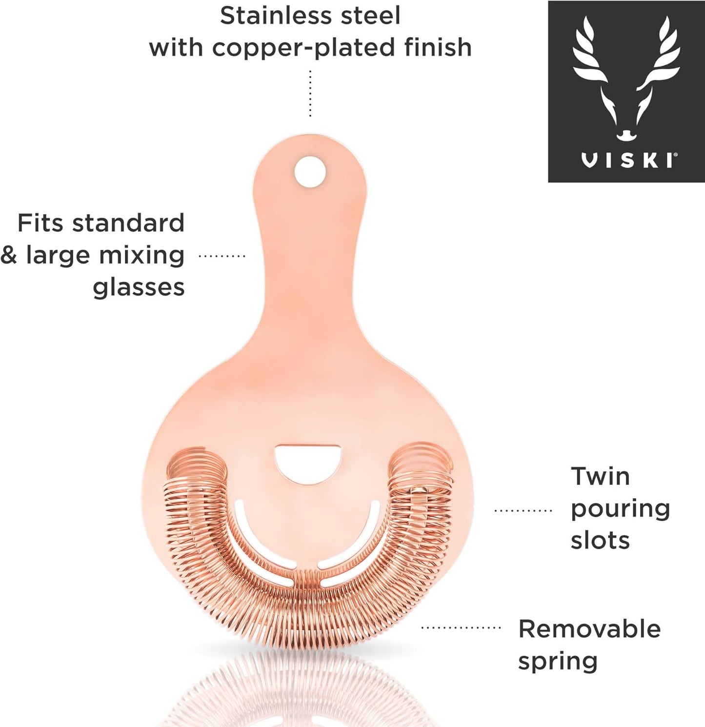 Viski Hawthorne Cocktail Strainer, Stainless Steel Bar Strainer with Copper Finish for Standard and Large Mixing Glasses, Boston Shakers and Shaker Tins, Home Bar Essentials, Bartender Tool, Set of 1