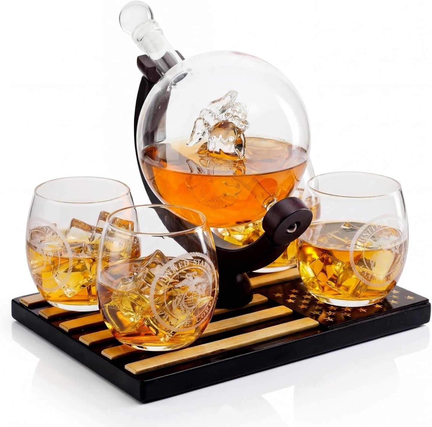 U.S. Marine Globe Whiskey Decanter Set with 4 Liquor Glasses - Wood Flag Base Marine Veteran Gift Set - Navy Gifts Men, Dad, U.S.A Flag - Bourbon & Scotch Military Gift for Father