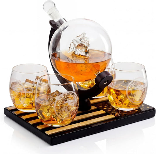 U.S. Marine Globe Whiskey Decanter Set with 4 Liquor Glasses - Wood Flag Base Marine Veteran Gift Set - Navy Gifts Men, Dad, U.S.A Flag - Bourbon & Scotch Military Gift for Father