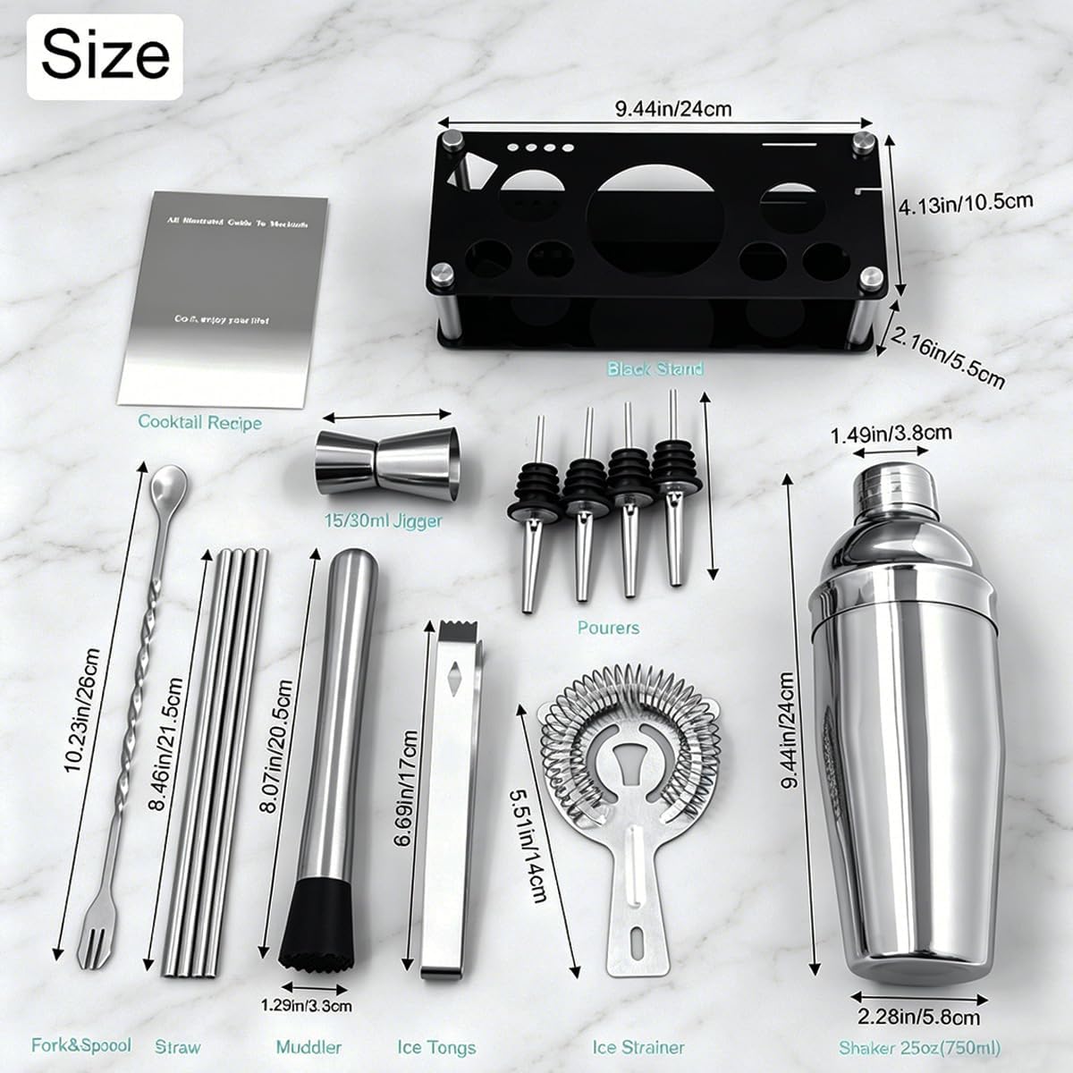 14-Piece Cocktail Shaker Set Bartender Kit with Black Stand, Bar Tool Set for Drink Mixing Bartending Kit Bar Sets Accessories: 750ml(25oz) Shaker, Jigger, Muddler, Cocktail Recipes (Silver)
