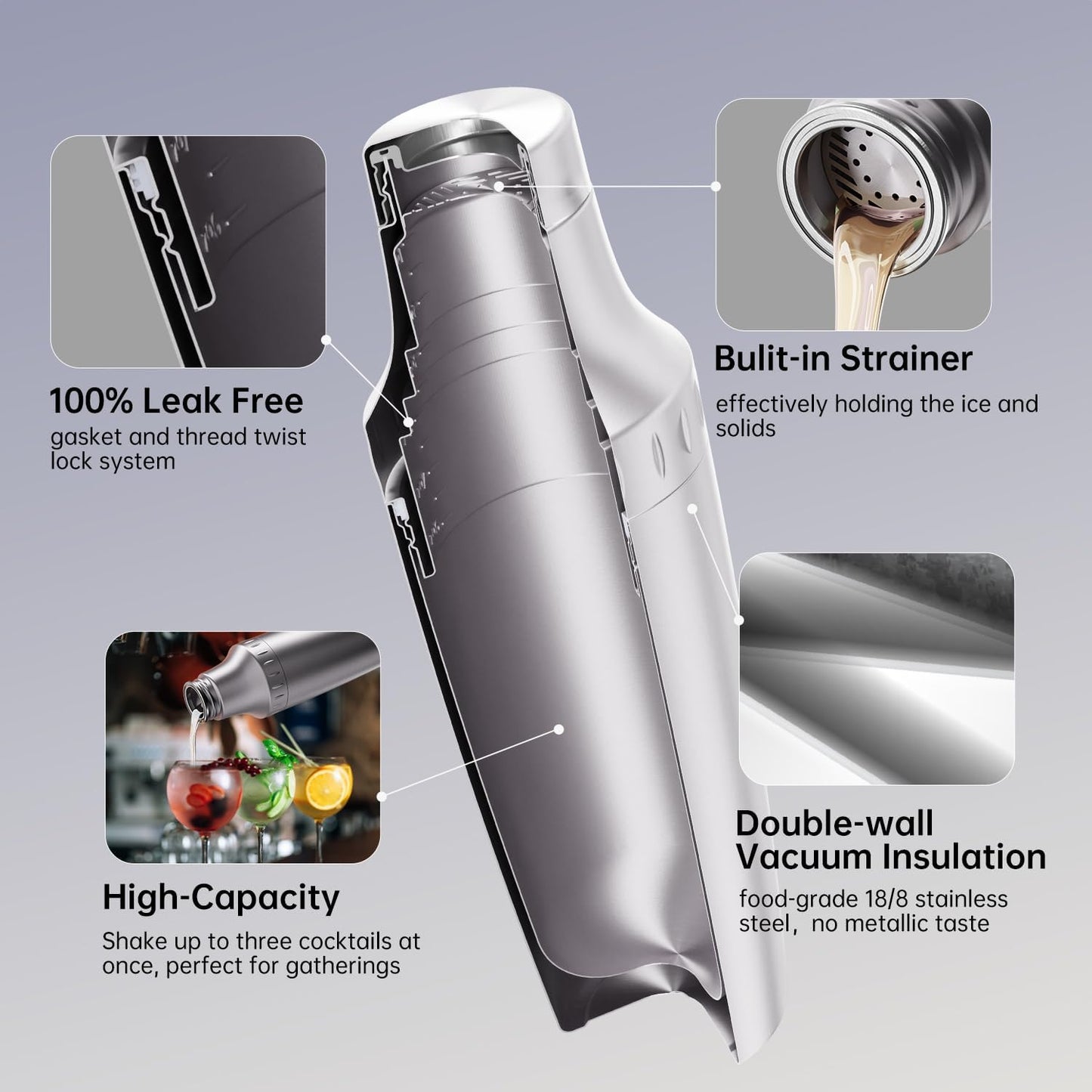 Hybrid Cocktail Shaker Set | Vacuum Insulated Stainless Steel Martini Shaker with Strainer & Jigger Lid | Travel cocktail kit with Bartender Accessory Tools | 30oz | Silver