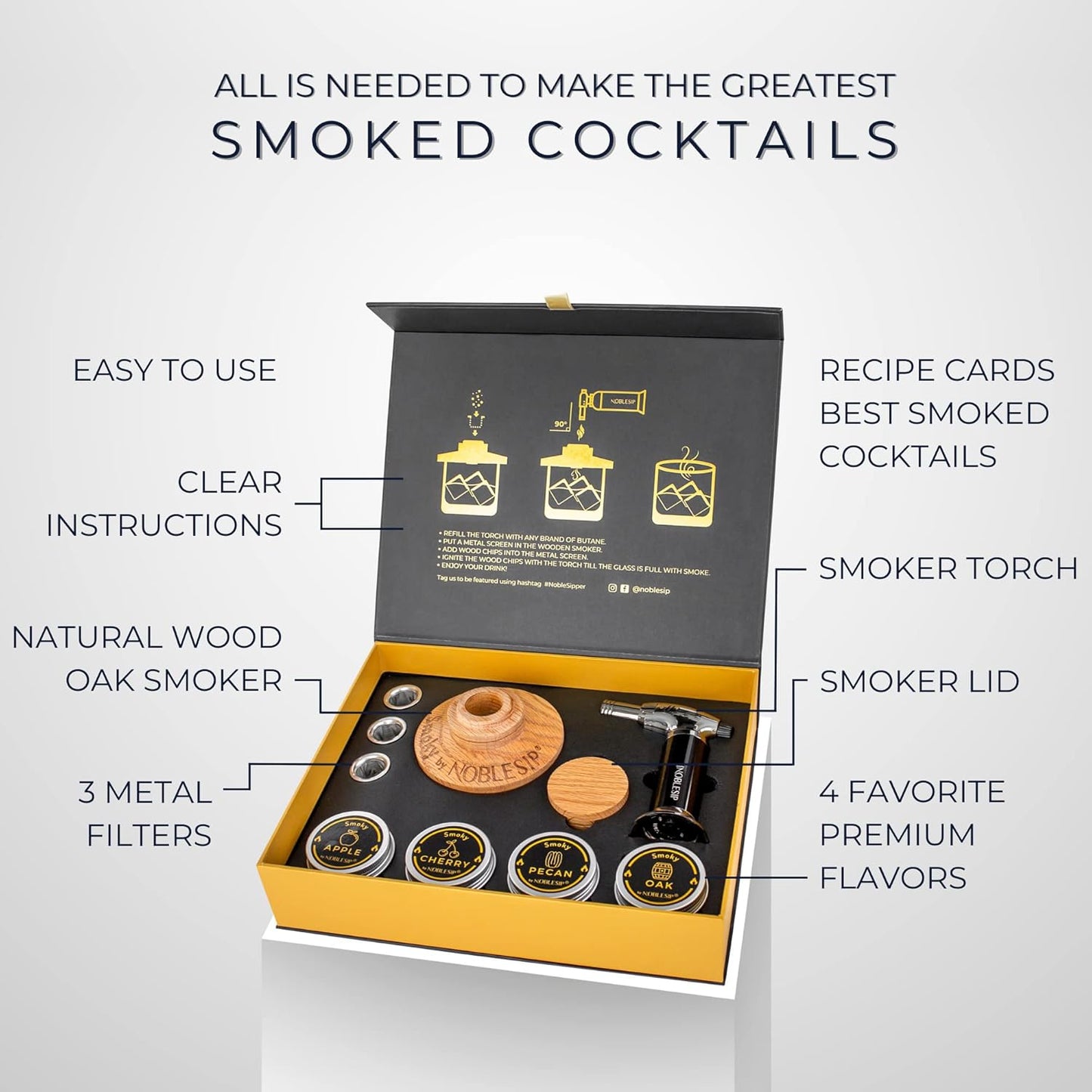 NOBLESIP® Whiskey Bourbon Smoker Kit 𝗣𝗥𝗘𝗠𝗜𝗨𝗠 Smoky bar Set. Made from American Oak Natural Wood. Easily Make The Legendary Smoked Cocktails and Old fashioneds at Home. Whisky Men Gift