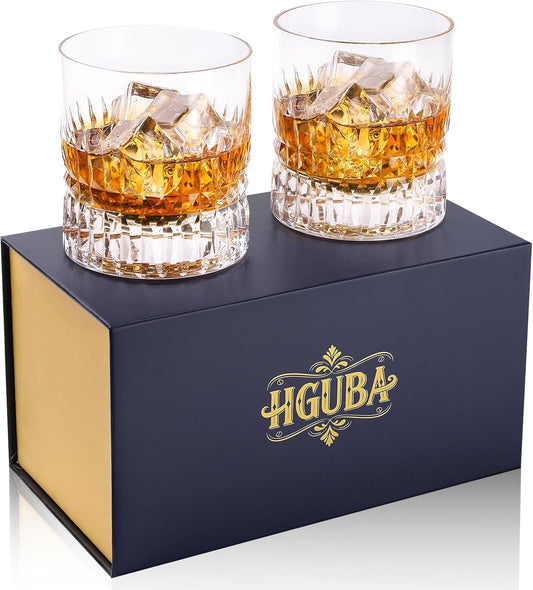 Hand Cut Crystal Whiskey Glasses Set of 2, Lead-Free Old Fashioned Glass with Heavy Base, 11oz Elegant Barware for Scotch, Bourbon, Brandy - Perfect for Men, Dad, Him