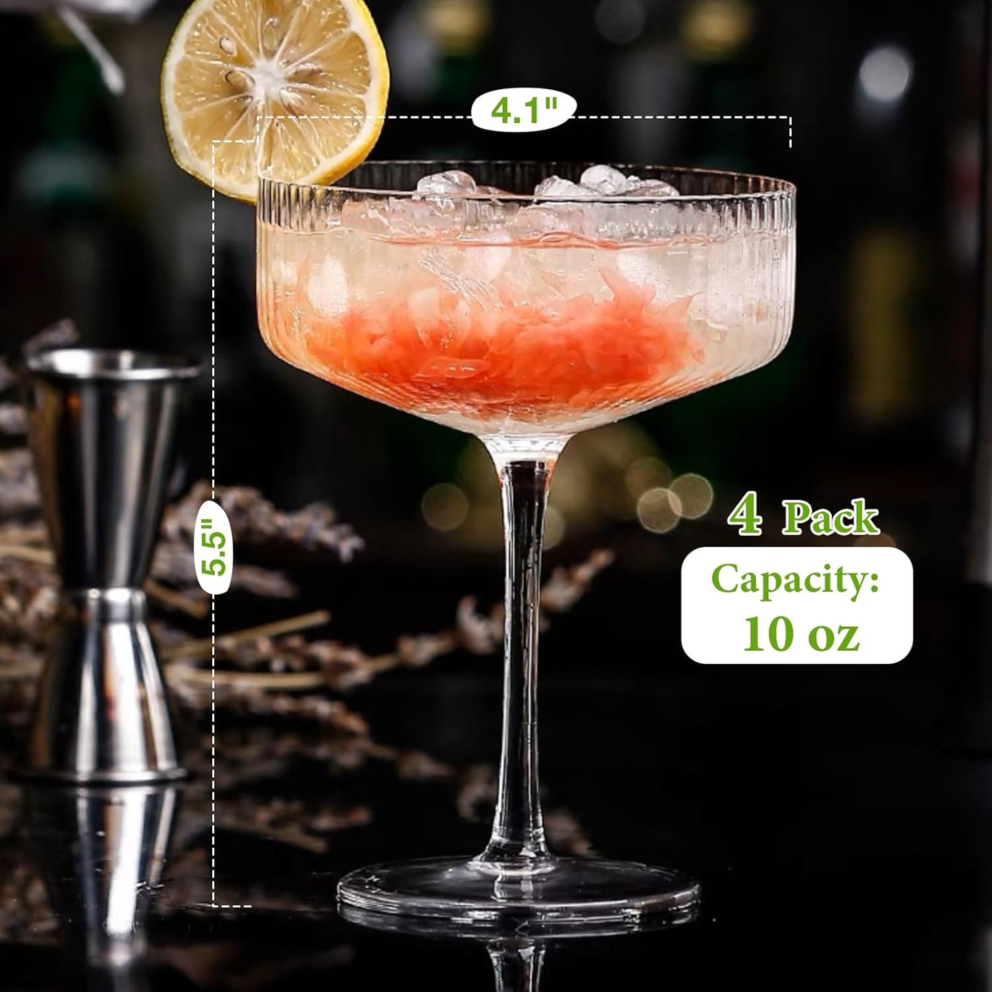 Qipecedm 4 Pcs Ribbed Coupe Glasses, 10 oz Vintage Coupe Glass Set, Unique Martini Glass, Classic Cocktail Galssware, Bar Drinking Glasses Set Pefect for Cocktail, Wine, Champagne & Gift