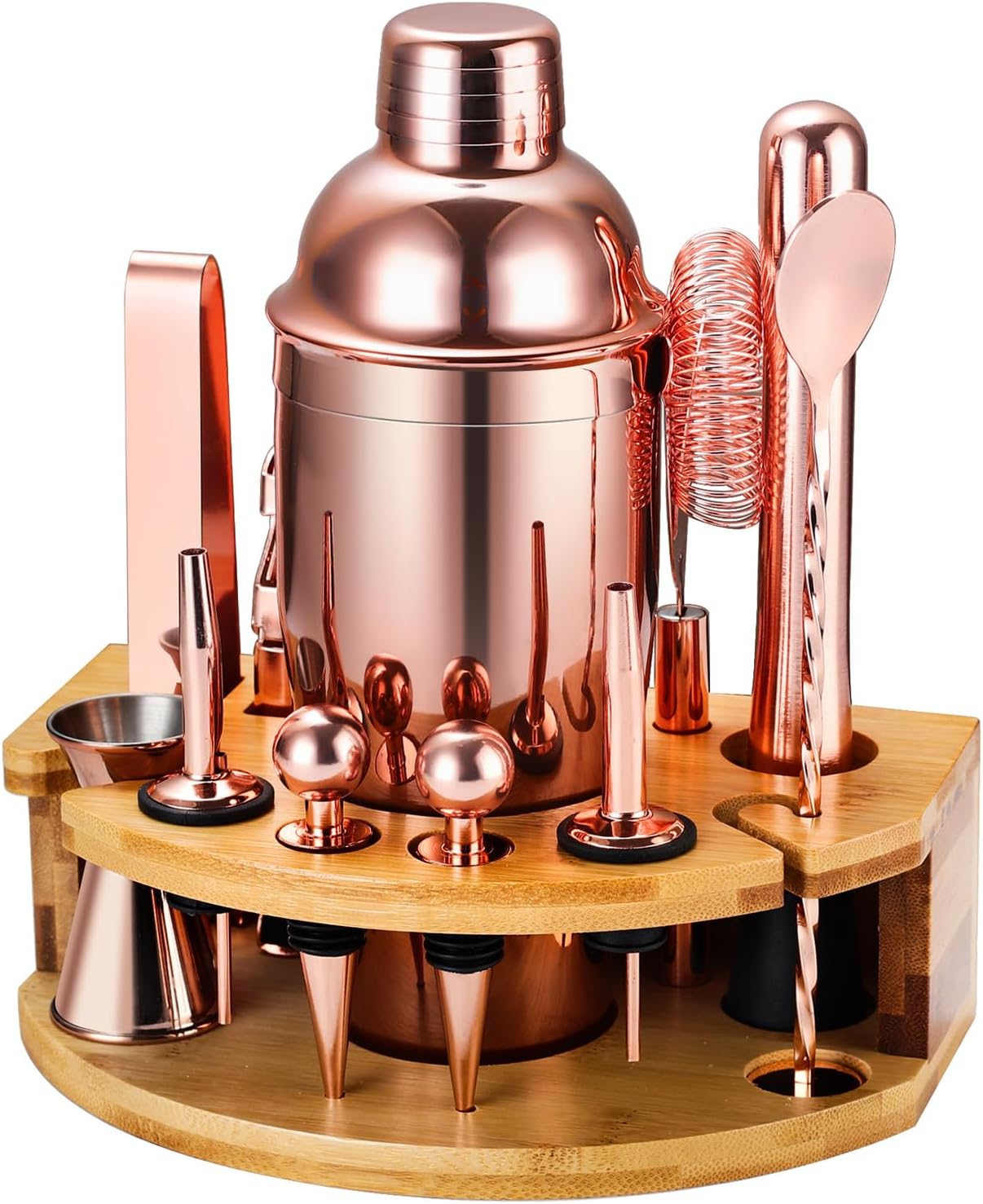Cocktail Shaker Set Bartender Kit with Stand, 12 Piece Bar Set Drink Mixer Set with Stainless Steel Bar Accessories Tools: 25oz Martini Shaker Jigger Strainer Spoon Muddler for Cocktails (Rose Gold)