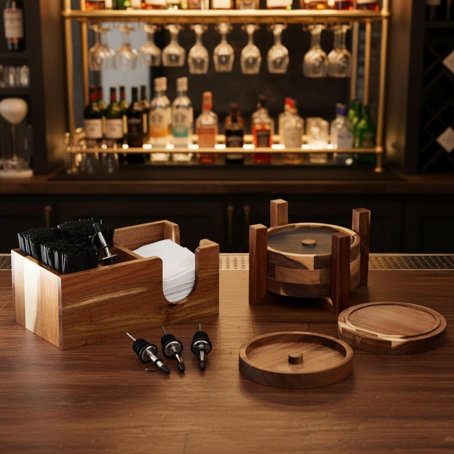 Mifoci 5 Tier Multifunctional Acacia Wood Bar Glass Rimmer Bartender Tool with 12 Pcs Stainless Steel Classic Bottle Pourer Bar Caddy with 6 Compartment 1000 Pcs Coffee Cocktail Stirrers 200 Napkins
