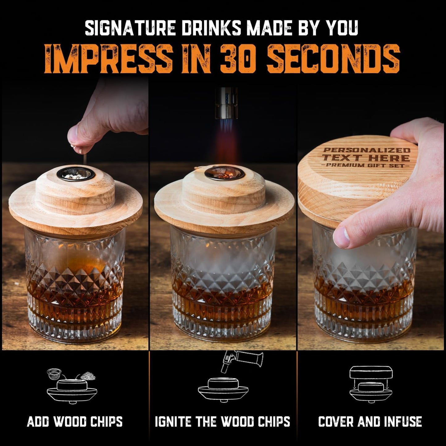 Custom Whiskey Cocktail Smoker Kit with Torch & Wood Chips - Premium Set, USA Oak Smoker - Old Fashioned Cocktail Kit for Whiskey Lovers - Bourbon Gifts for Men - Gift from Wife, Daughter, Son