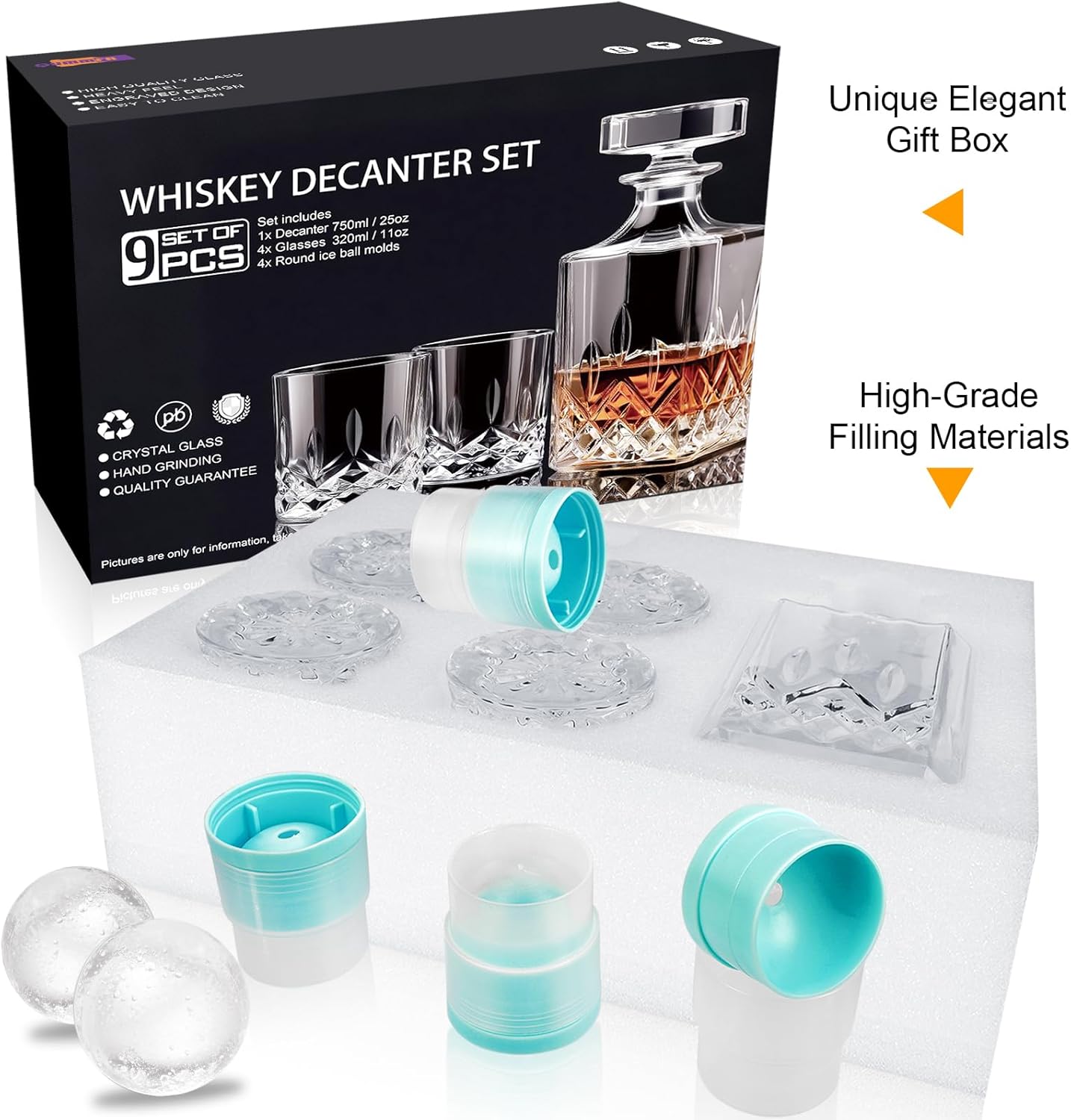 Whiskey Decanter Set for Men, 4*Crystal Whiskey Glasses(Get 4 Silicone Ice Mold Free), Lead-Free Decanter Set for Whiskey, Bourbon, Scotch, Anniversary Christmas Gifts for Dad, Husband, Whiskey Lovers