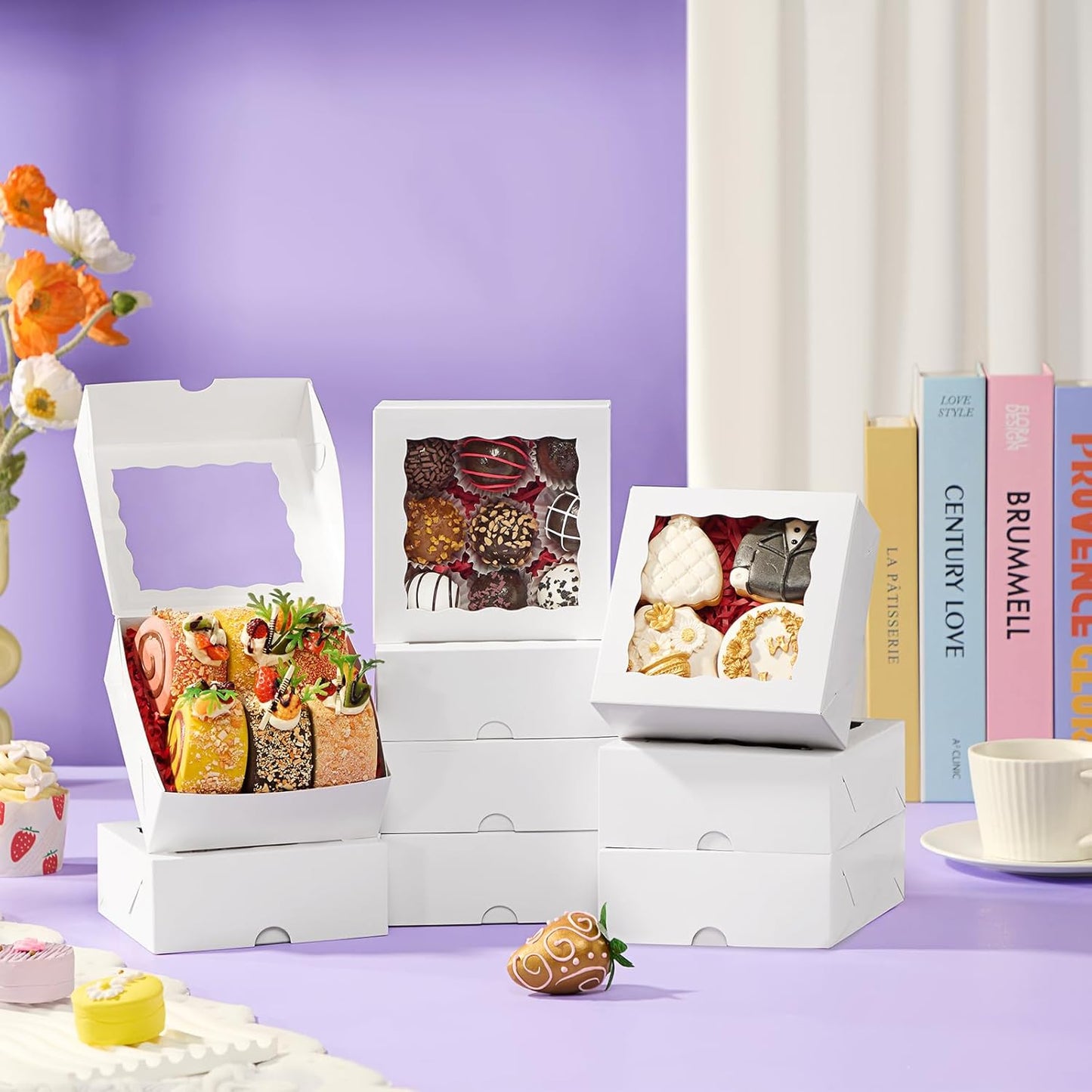 RomanticBaking 101PCS 5x5x2 Inch Cookies Boxes with Clear Window for Bakery, Strawberries, Chocolate Bomb, Cakesickle, Mini Cake, Cinnamon Roll