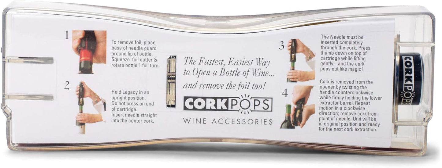 Cork Pops Legacy Wine Opener Built-in 4-Blade Foil Cutter Safe Cork Removal, Effortless Push Button Use, Needle Guard for Safety, Low-Pressure Cartridge Opens Up To 60 Bottles