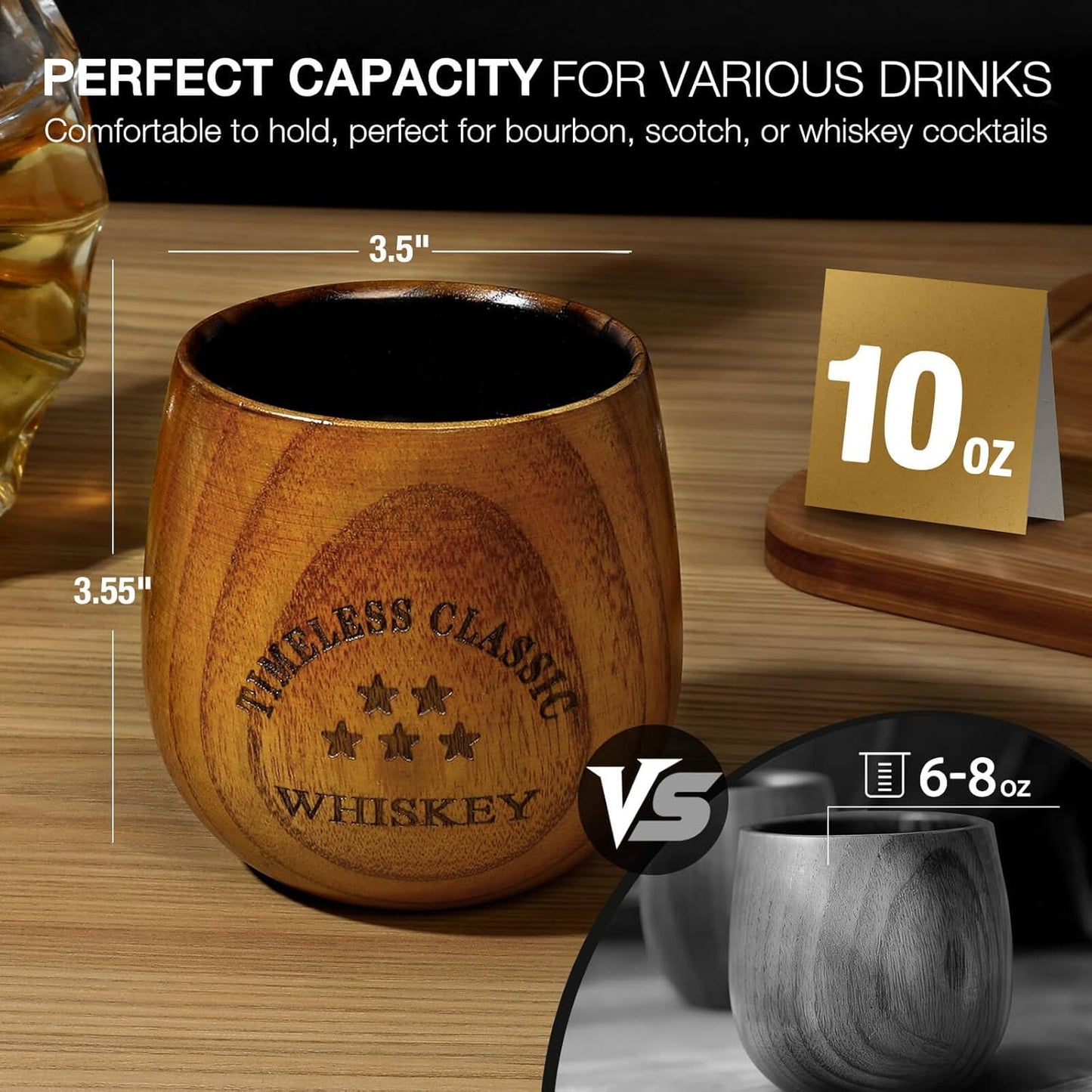 SALUNA Wooden Whiskey Glass Set - Charred Wooden Bourbon Drinking Glass, Whisky Glasses Bourbon Gifts for Men, Dad or Brother on Birthday Christmas Anniversary Retirement 10 OZ