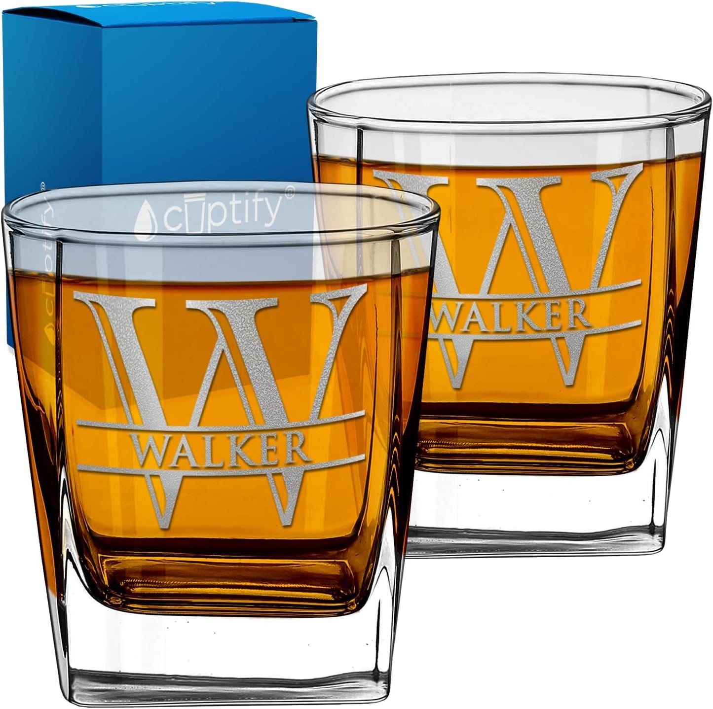 Cuptify Personalized Whiskey Glass for Men Set of 2 Etched Split Letter Name 12 oz Double Old Fashioned Rocks Cocktail Bourbon Glass Customizable Designs Gift