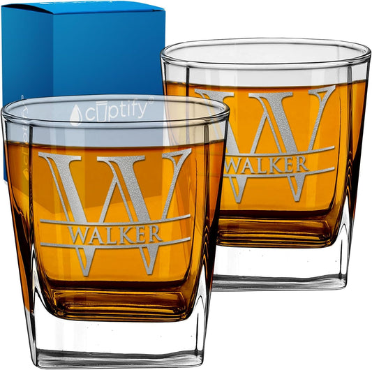 Cuptify Personalized Whiskey Glass for Men Set of 2 Etched Split Letter Name 12 oz Double Old Fashioned Rocks Cocktail Bourbon Glass Customizable Designs Gift
