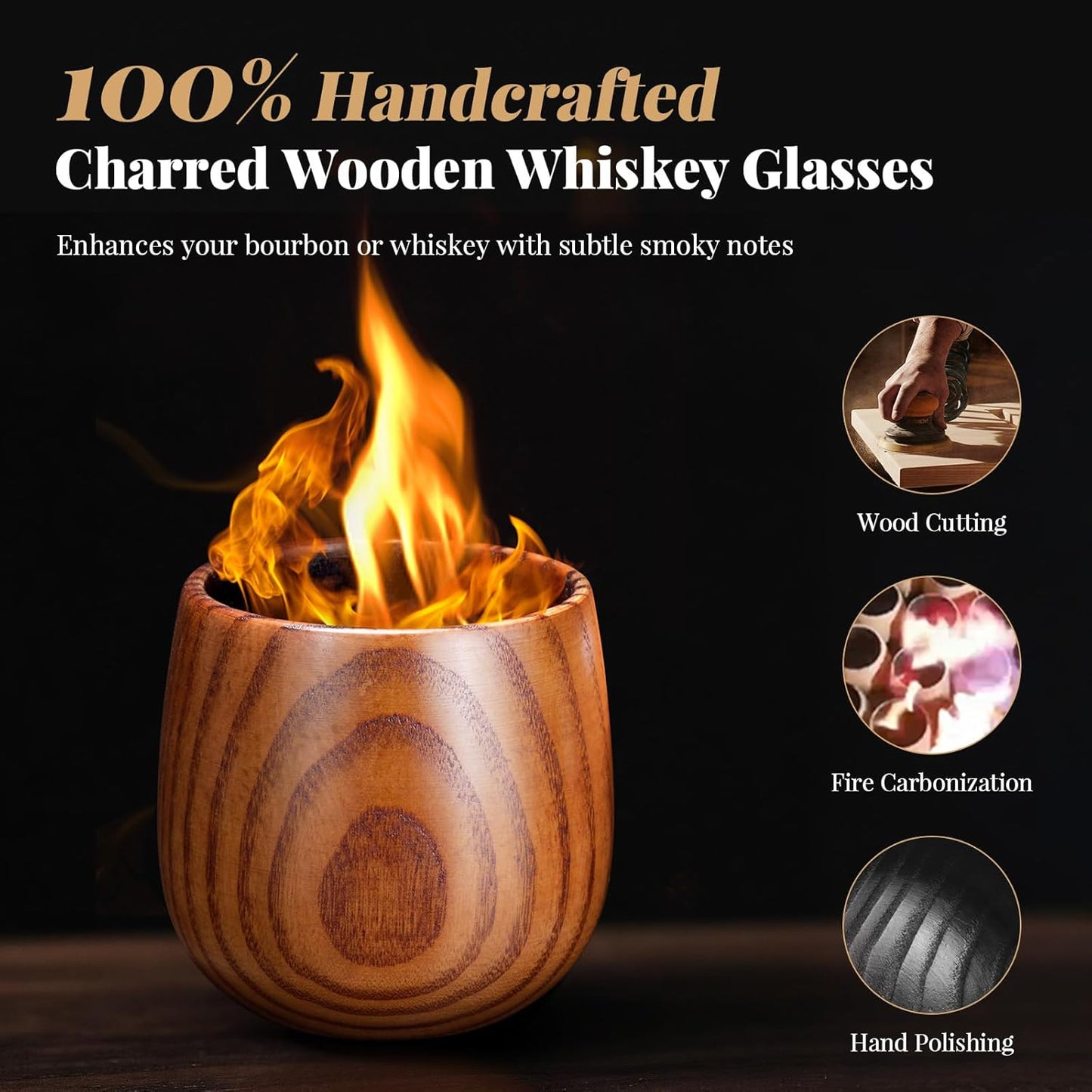 Whiskey Glasses Charred Wooden Bourbon Glass Set of 2, 10oz Handmade with Stones & Tongs – Unique Bourbon Gifts for Men Dad Husband, Ideal for Christmas Birthday Father's Day