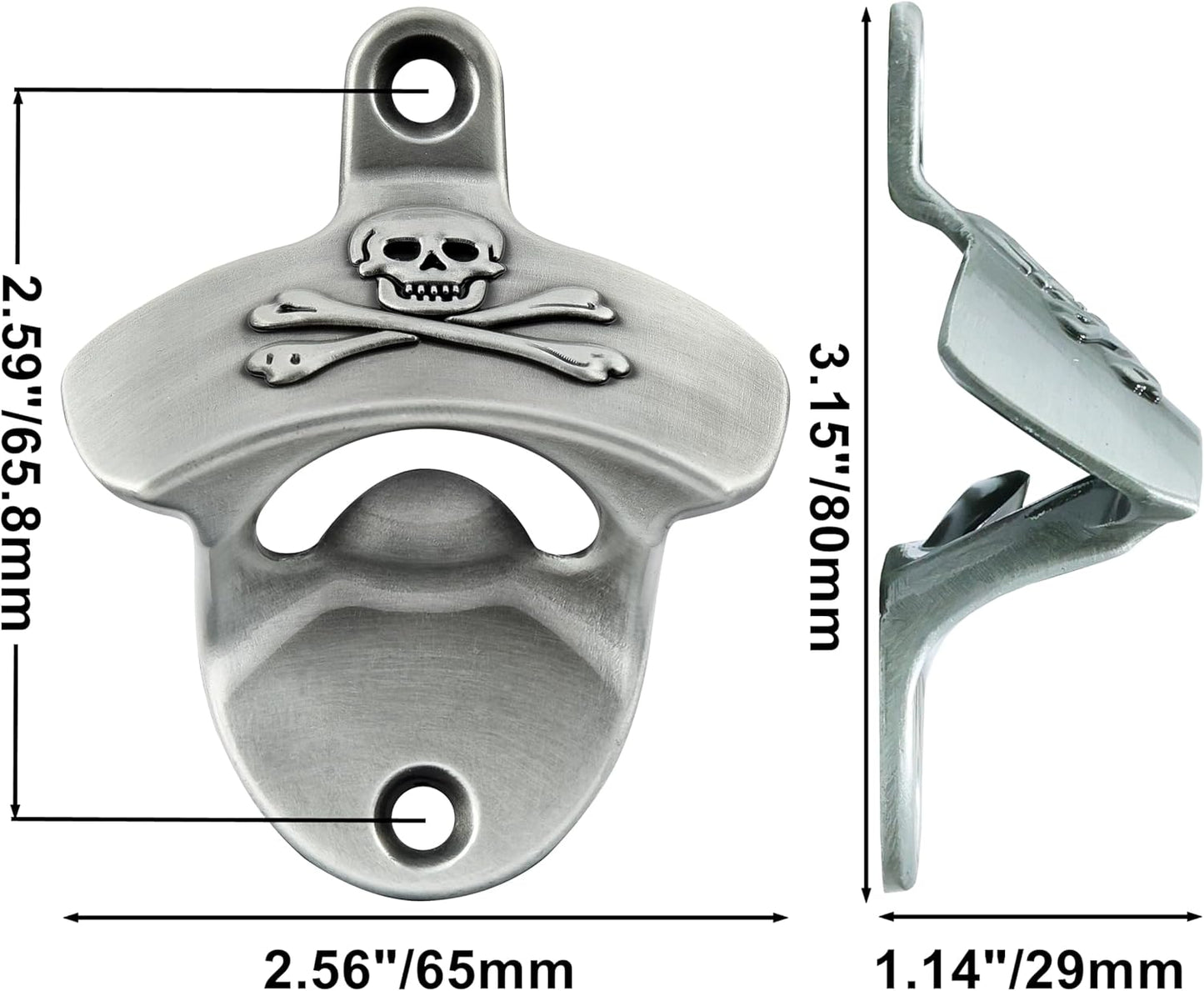 Aged Silver Wall Mount Bottle Opener Pirate, Embossed Skull Screw in Wall Beer Soda Cap Opener Stainless for Gift