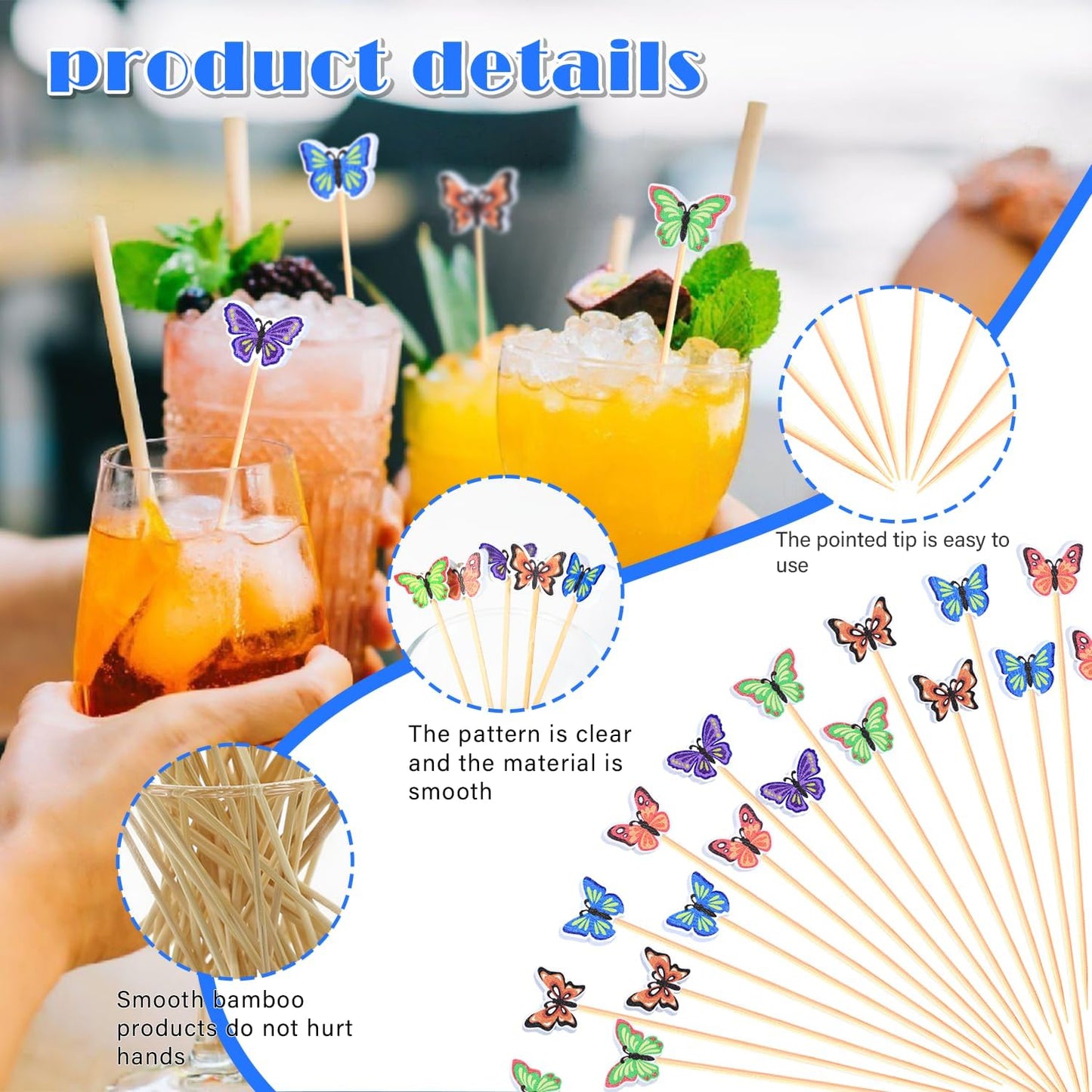 100Pcs Butterfly Cocktail Picks 5 Color Pattern Butterflies Theme Decor Toothpicks Sticks Skewers for Appetizer Charcuterie Food Sandwich, Girls Birthday Fairy Spring Decorations Themed Party Supplies