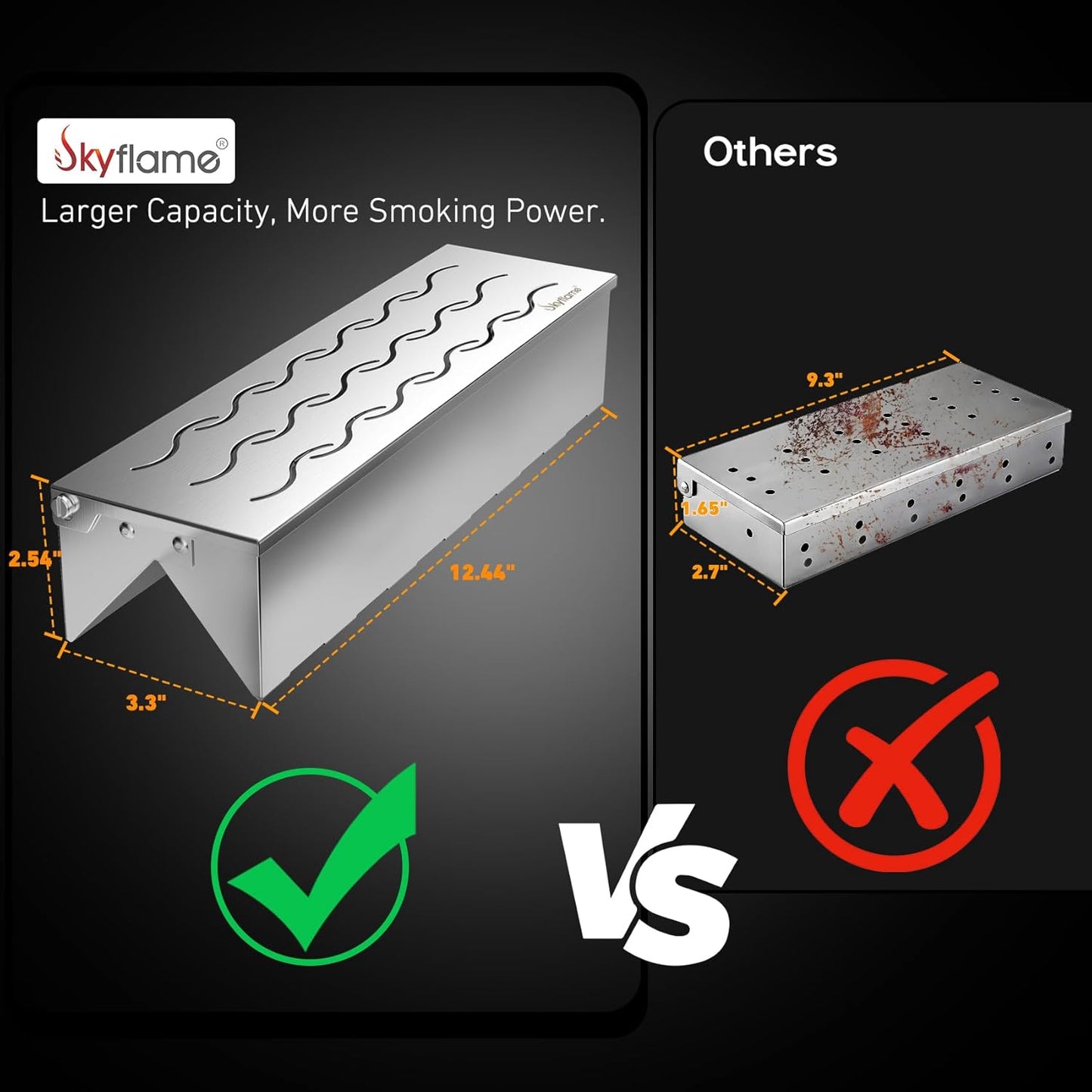 Skyflame Wood Chip Smoker Box, Stainless Steel Double V-shape BBQ Smoke Box with Hinged Lid for Charcoal & Propane Gas Grill, 12.5"(L) x 3.3"(W) x 2.5"(H), U.S. Design Patent