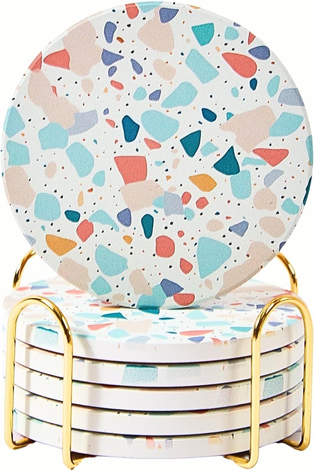Terrazzo Coasters Set of 6, Ceramic Absorbent Drink Coasters, Cute Moisture Absorbing Coaster, Coffee Table Desk Decor, Colorful Stone Coaster for Drinks (Pastel)