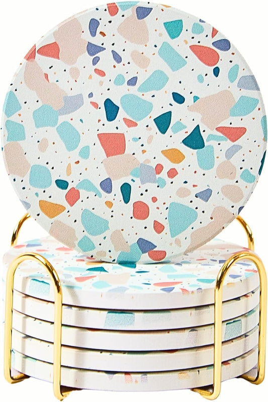 Terrazzo Coasters Set of 6, Ceramic Absorbent Drink Coasters, Cute Moisture Absorbing Coaster, Coffee Table Desk Decor, Colorful Stone Coaster for Drinks (Pastel)